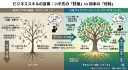 ビジネススキル習得における、小手先の「枝葉」アプローチと根本の「根幹」アプローチを比較した図。一般的な講座が一時的で応用が効かないのに対し、大阪ワイズカウンセリングの「ワイズメソッド」は思考の土台（根幹）を太くし、どんな場面でも応用できる一生モノのスキルを習得できることを木の成長で表現している。