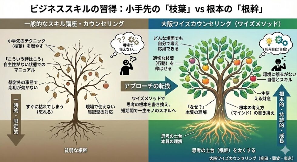 ビジネススキル習得における、小手先の「枝葉」アプローチと根本の「根幹」アプローチを比較した図。一般的な講座が一時的で応用が効かないのに対し、大阪ワイズカウンセリングの「ワイズメソッド」は思考の土台(根幹)を太くし、どんな場面でも応用できる一生モノのスキルを習得できることを木の成長で表現している。