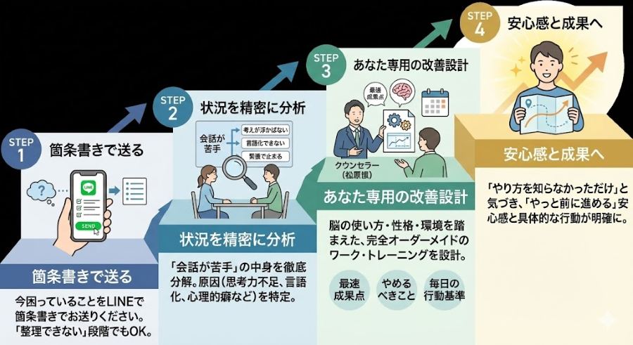 大阪ワイズカウンセリングの仕事の悩み相談・初回カウンセリングの進め方図解。LINEでの事前ヒアリングから、状況の精密分析、オーダーメイドの改善設計、翌日からの具体的行動計画までをステップで解説
