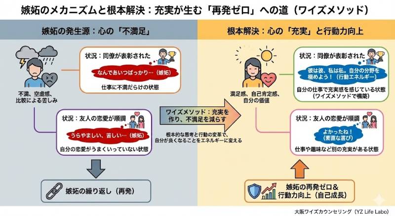 嫉妬のメカニズム（心の不満足が原因で再発する）と、ワイズメソッドによる根本解決（心の充実を作り、自分が良くなるエネルギーに変えることで再発ゼロと行動力向上を目指す）を対比させた図。仕事や恋愛の事例を用いて、充実感がいかに嫉妬心を解消するかを論理的に説明している。大阪ワイズカウンセリング（YZ Life Labo）提供。