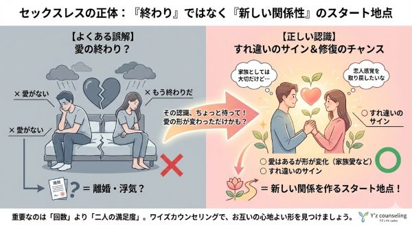 セックスレスの正体に関する誤解と真実の図解。「愛がないから終わり」という一般的な誤解に対し、実際は「すれ違いのサイン」であり「修復の余地がある」ことを対比。セックスレスは関係の終わりではなく、新しい関係性を作るためのスタート地点であることを示している。Y'z counseling提供。