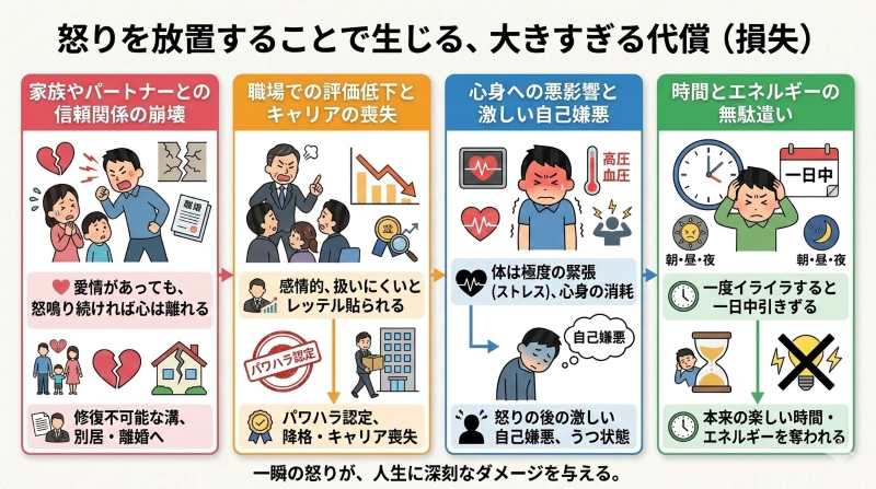 怒りをコントロールできないことで生じる4つの大きな代償（家族やパートナーとの関係崩壊、キャリアの喪失、心身への悪影響と自己嫌悪、時間とエネルギーの無駄遣い）をまとめた図解。