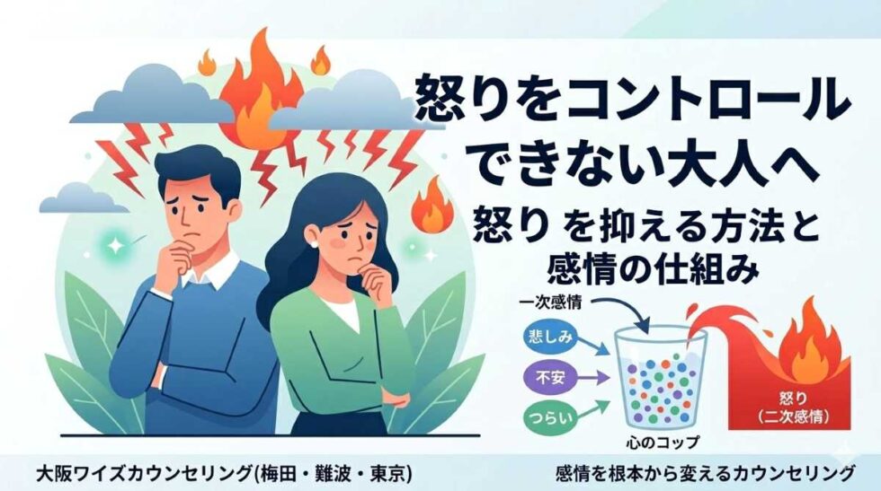 怒りをコントロールできない大人へ向けた、怒りを抑える方法と感情の仕組み（一次感情と二次感情）を解説するブログ記事のアイキャッチ画像。大阪ワイズカウンセリング(梅田・難波・東京)。