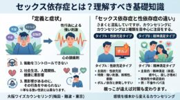 セックス依存症（性依存症）の定義、症状、2つのタイプ（性欲充足タイプ・精神満足タイプ）を解説した図解。不安や孤独を麻痺させる心の鎮痛剤としての側面や、不倫・パパ活に関連する精神的背景の違いを説明しています。大阪yzカウンセリング（梅田・難波・東京）。