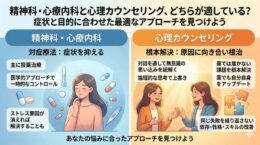 精神科・心療内科による対症療法と心理カウンセリングによる根本改善の違いを比較した図解。症状や目的に合わせた適切なアプローチの選び方を解説。