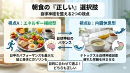大阪ワイズカウンセリング(梅田・難波・東京)、タイトルは「朝食の『正しい』選択肢 自律神経を整える2つの視点」。画像は2つのセクションに分かれている。左側は「視点A：エネルギー補給型」で、トースト、卵、果物、コーヒーなどの豪華な朝食と、走る人のアイコン。「日中のパフォーマンスを最大化」「脳と身体にガソリンを」と記載。右側は「視点B：内臓休息型」で、スープ、バナナ、紅茶のシンプルな朝食と、ハンモックでリラックスする人のアイコン。「デトックス&自律神経回復」「疲れた胃腸を休ませる」と記載。中央には脳と胃のイラストがあり、「自律神経のバランス」を指している。下部中央に結論として「目的に合わせて選ぶ！どちらも正しい」というメッセージが書かれている。