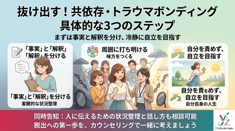 大阪ワイズカウンセリング（梅田・難波・東京）提供。共依存やトラウマボンディングから抜け出すための具体的な3つのステップを解説したインフォグラフィック。ステップ1『事実と解釈を分ける（客観的な状況整理）』、ステップ2『周囲に打ち明ける（カウンセラーのサポート）』、ステップ3『自分を責めず、自立を目指す（自分自身の人生）』をイラストとともに紹介。下部にはカウンセリングの相談案内とY'z Life Labo, Japanのロゴ。