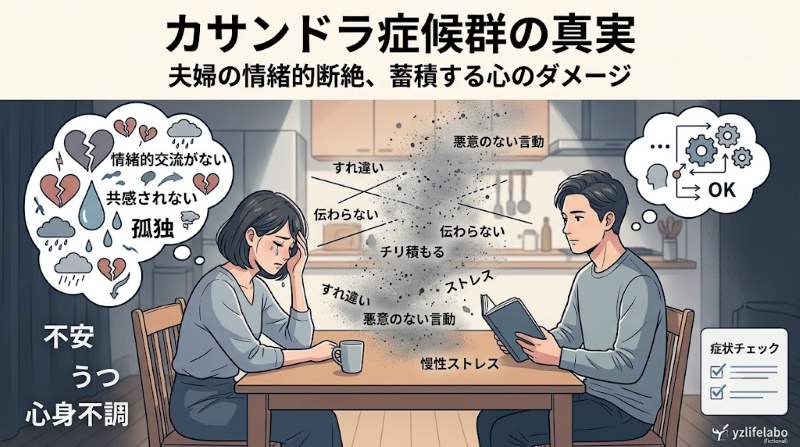 カサンドラ症候群の原因となる日常的なすれ違いと、それに伴う精神的ストレスを図解したアイキャッチ画像