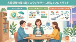 夫婦関係カウンセラーが相談に乗る３つのメリット（安全な場・気持ちの整理・具体的な行動）を図解したブログ記事用のアイキャッチ画像