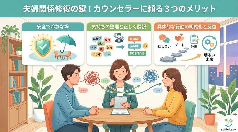 夫婦関係カウンセラーが相談に乗る３つのメリット（安全な場・気持ちの整理・具体的な行動）を図解したブログ記事用のアイキャッチ画像