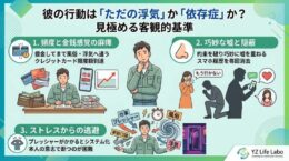 夫や彼氏の行動がただの浮気か依存症かを見極める3つの客観的基準（金銭感覚の麻痺、巧妙な嘘と隠蔽、ストレスからの逃避）を示した図解