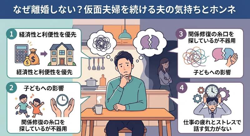 仮面夫婦を続ける夫の4つの心理的・現実的な理由を図解したインフォグラフィック画像。中央には悩む夫、背景には冷めた妻。上部にはタイトル「なぜ離婚しない？仮面夫婦を続ける夫の気持ちとホンネ」。1.経済性と利便性、2.子どもへの影響、3.関係修復の糸口、4.仕事の疲れ、の4つの吹き出しが描かれている。