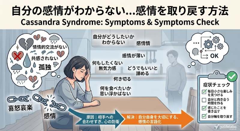 自分がどうしたいかわからない、感情が麻痺してしまう原因（相手への合わせすぎ・心の防衛反応）と解決策を図解したアイキャッチ画像