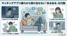 「『マッチングアプリ疲れから抜け出せない『あるある』な行動』というタイトルの、YZライフ・ラボ カウンセリングルームのアイキャッチ・インフォグラフィック。 中央には、疲労してソファに横たわり、虚無的にスマートフォンを操作する男性が、メッセージやいいね!アイコンに囲まれています。 周囲には、4つの具体例がキャプション付きで描かれています。