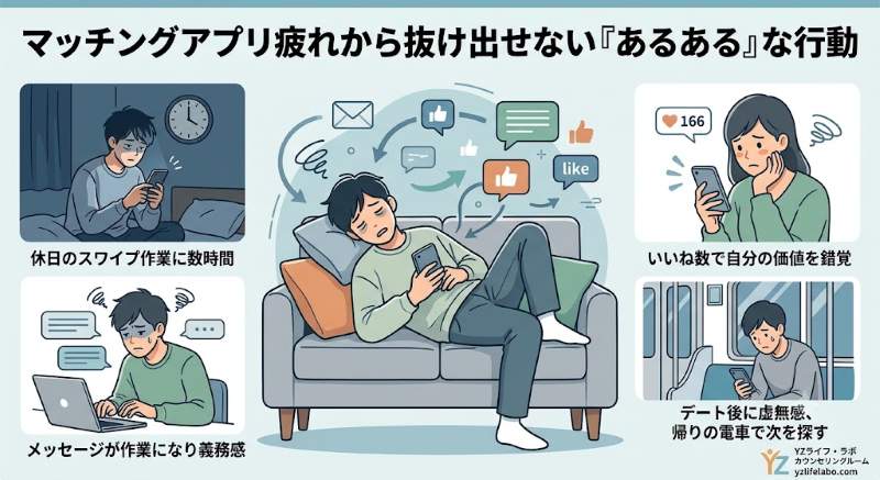 「『マッチングアプリ疲れから抜け出せない『あるある』な行動』というタイトルの、YZライフ・ラボ カウンセリングルームのアイキャッチ・インフォグラフィック。 中央には、疲労してソファに横たわり、虚無的にスマートフォンを操作する男性が、メッセージやいいね!アイコンに囲まれています。 周囲には、4つの具体例がキャプション付きで描かれています。