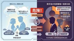 結婚前の「性格の不一致」や「我慢」を放置することの危険性を図解したアイキャッチ画像。厚生労働省や司法統計のデータを基に、早期離婚や仮面夫婦という将来のリスクを警告する内容。
