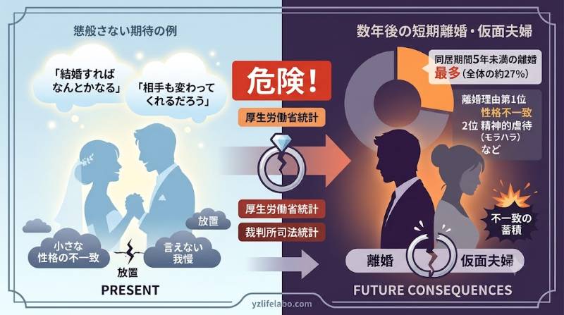 結婚前の「性格の不一致」や「我慢」を放置することの危険性を図解したアイキャッチ画像。厚生労働省や司法統計のデータを基に、早期離婚や仮面夫婦という将来のリスクを警告する内容。
