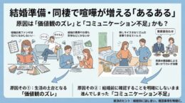 結婚準備や同棲生活で起こりやすい喧嘩の事例（準備の非協力、費用分担、家事リズム、親族との距離感）と、その根本原因である「価値観のズレ」や「コミュニケーション不足」を図解したアイキャッチ画像