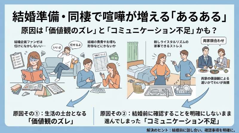 結婚準備や同棲生活で起こりやすい喧嘩の事例（準備の非協力、費用分担、家事リズム、親族との距離感）と、その根本原因である「価値観のズレ」や「コミュニケーション不足」を図解したアイキャッチ画像