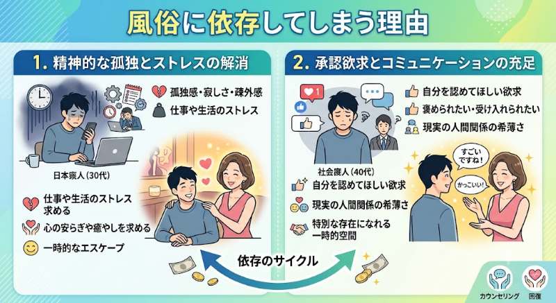 風俗に依存してしまう理由（精神満足の追求）を図解したブログ記事用のアイキャッチ画像。左側は精神的な孤独とストレスの解消、右側は承認欲求とコミュニケーション充足を表現しています。
